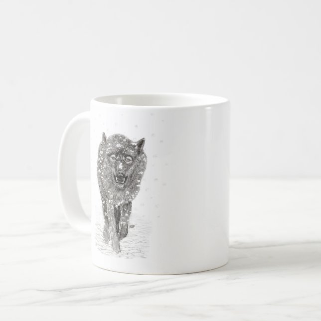 Caneca De Café Lobo Negro Zangado na Neve, inverno selvagem (Frente Esquerda)