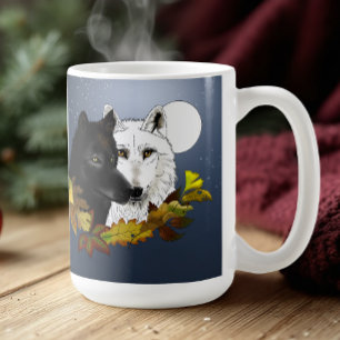 Caneca De Café Lobos Brancos Pretos Luar Folhas de Outono