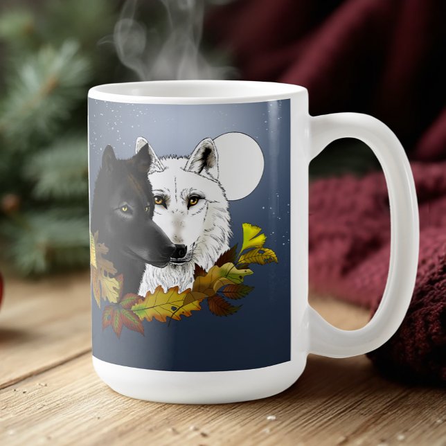 Caneca De Café Lobos Brancos Pretos Luar Folhas de Outono (Criador carregado)