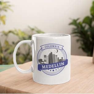 Caneca De Café Logotipo Cityscape Blue White Medellin Colombia