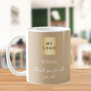 Caneca De Café Logotipo do negócio bege obrigado do funcionário