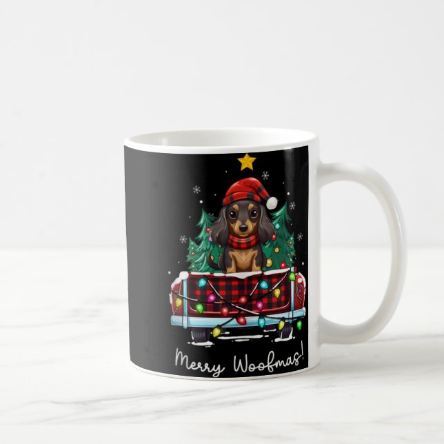 Caneca De Café Long Haired Dachshund Christmas Dog Truck Plaid Fu (Direita)