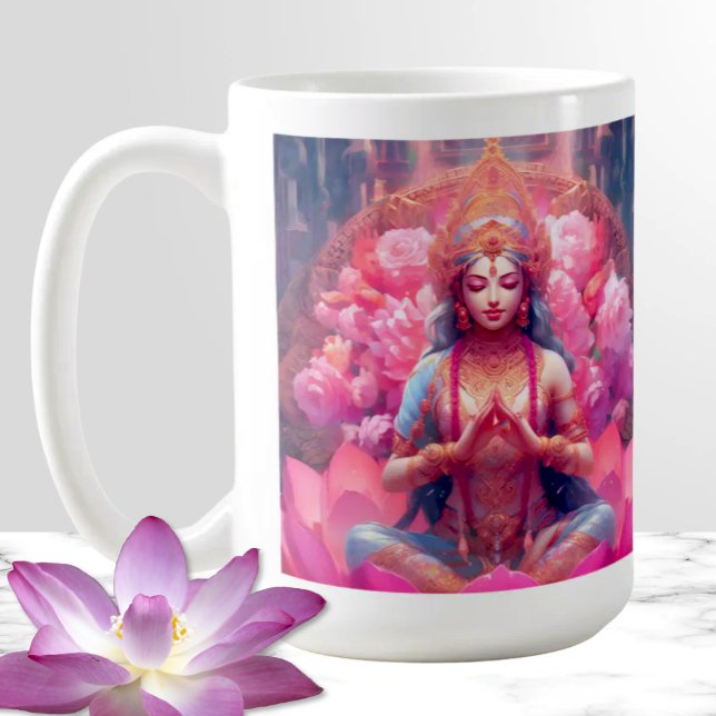 Caneca De Café Lotus Goddese Rosa Lakshmi em Branco (Pink Lotus Goddess of Prosperity Lakshmi on White Mug Spiritual Gift Hindu Diety)