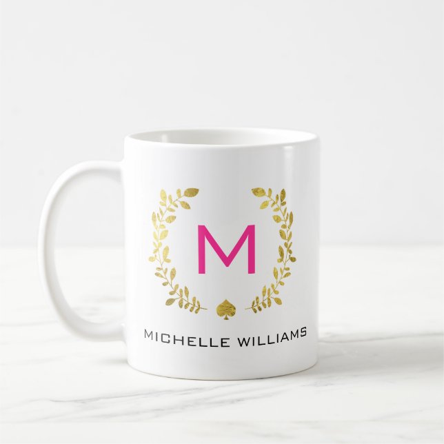 Caneca De Café Louro & pá da folha Dourado do monograma (Esquerda)