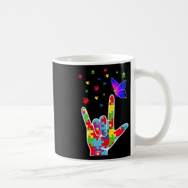 Caneca De Café Love Asl Sign Language Puzzle Butterfly Autism Awa (Direita)