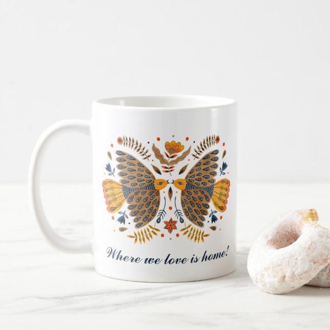 Caneca De Café Love Birds Scandinavian Folk Art Dia de os namorad (Com Donut)