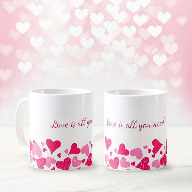 Caneca De Café Love Is All You Need Heart Border Coffee Mug ("Love is all you need" coffee mug with a border of hearts)