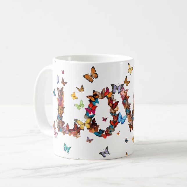Caneca De Café LOVE Joy Butterflies | Inspirational Motivational (Frente Esquerda)