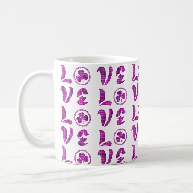 Caneca De Café Love Shamrock Plaid Purple Classic Pattern (Esquerda)
