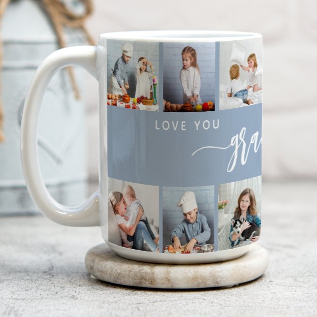 Caneca De Café Love You Grandma 12 Photo Collage Dusty Blue (Criador carregado)