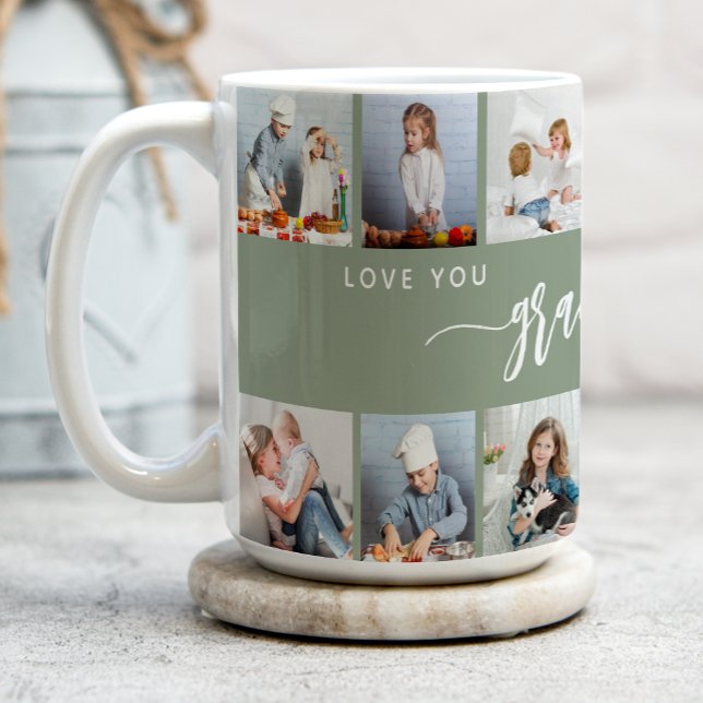 Caneca De Café Love You Grandma 12 Photo Collage Sage Green (Criador carregado)
