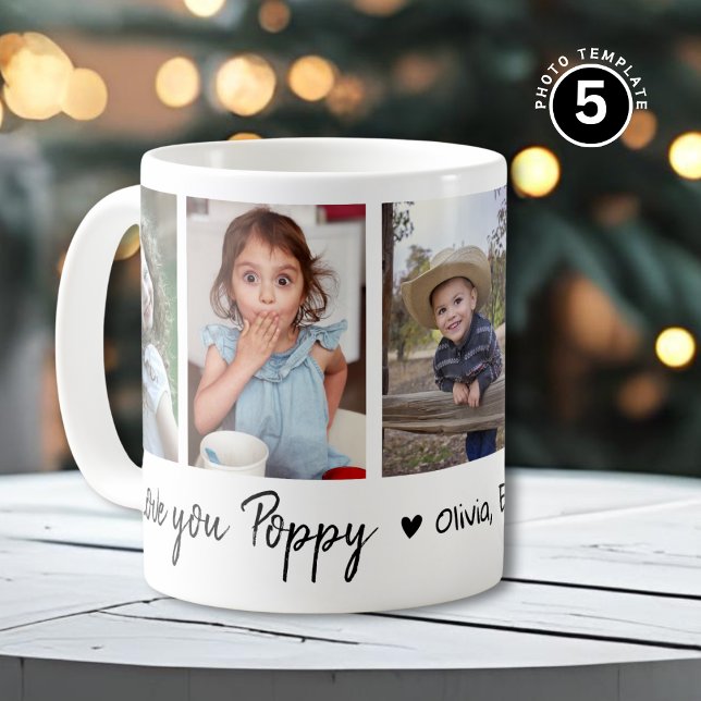 Caneca De Café Love You Poppy Grandkids Names 5 Photo Collage (Criador carregado)