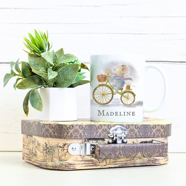 Caneca De Café Lover de Bicicleta de Mouse com Cute Simples (Right - Simple Modern Cute Mouse Vintage Bicycle Personalized Name Mug with Chic Elegant Typography)