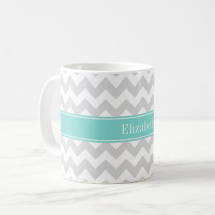 Caneca De Café Lt Gray Wht Chevron Aqua Turquoise Nome Monograma