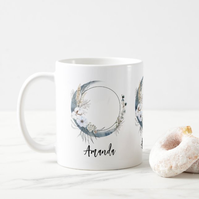 Caneca De Café Lua azul crescendo com flores brancas (Com Donut)