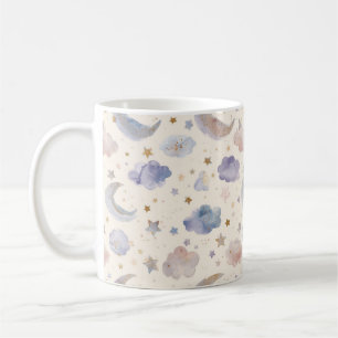 Caneca De Café Lua Celestial Estrelas Nuvens Aquarela Pastel