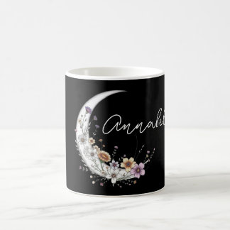 Caneca De Café Lua Crescente Floral Nome Personalizado em Preto