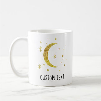 Caneca De Café Lua Dourada & Estrelas Texto Personalizado Celesti