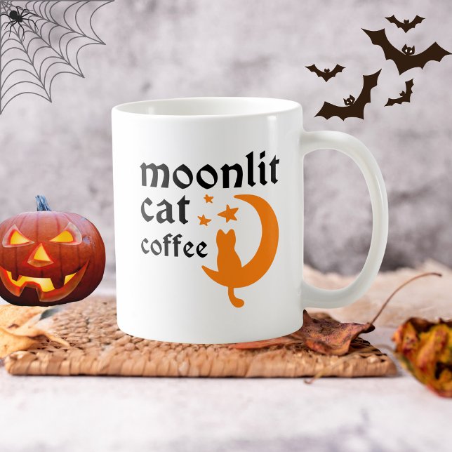 Caneca De Café Lua laranja engraçada de Halloween com gato  (Criador carregado)