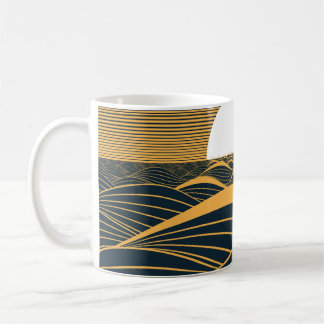 Caneca De Café Lua-sol estilizada, ilustração do mar escuro.