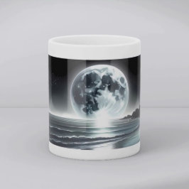 Caneca De Café Lua surreal nascendo sobre a costa do oceano tranq