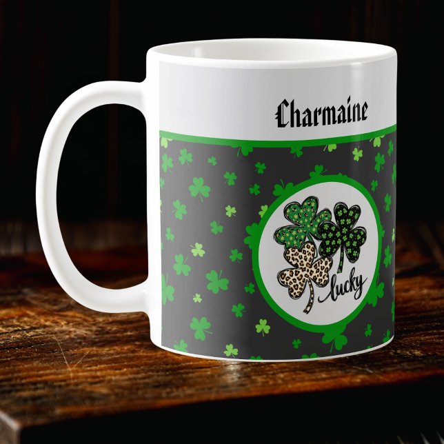 Caneca De Café Lucky St Patrick Shamrock Green Black Cat Print   (Criador carregado)