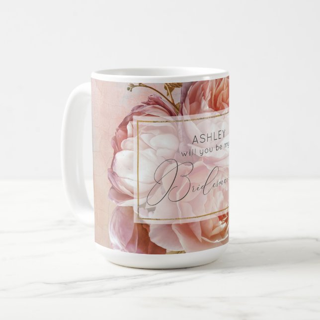 Caneca De Café LÚMINOUS ROSA Elegante Moderna Bridesmaid Floral (Frente Esquerda)