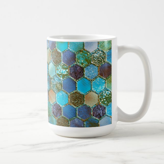 Caneca De Café Lúpulo Metálico Glitter Aqua Teal Honeycomb (Direita)