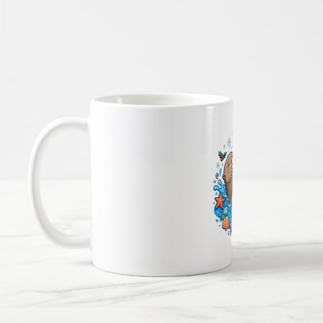 Caneca De Café Lutra Segurando Enfeite de Natal (Esquerda)