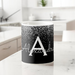 Caneca De Café Luxo em Glitter Monograma Nome Preto Prata