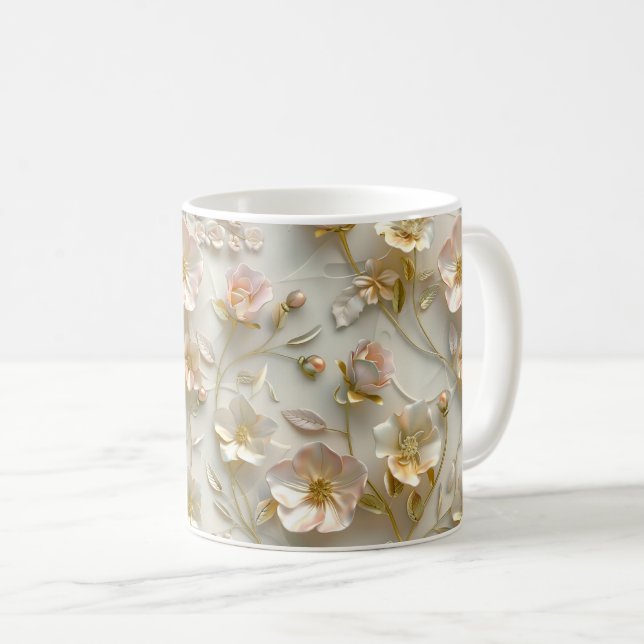 Caneca De Café Luxury 3D Embossed Floral Gold Foil Elegant  (Frente Esquerda)