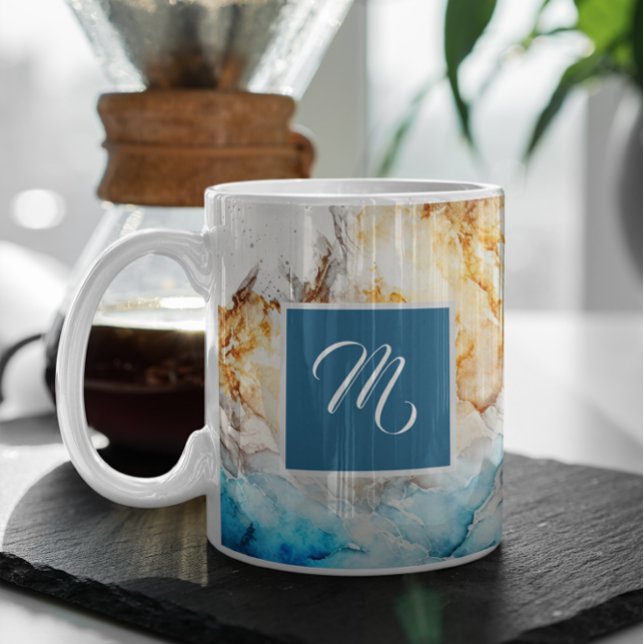 Caneca De Café Luxury Azul E Dourado Marble Nome Personalizado Ca (Criador carregado)