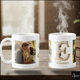 Caneca De Café Luxury Cursive Gold White Initial E + 2 PHOTO