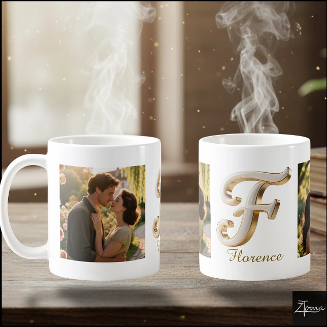 Caneca De Café Luxury Cursive Gold White Initial  F + 2 PHOTO (Criador carregado)