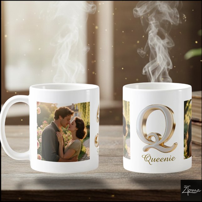 Caneca De Café Luxury Cursive Gold White Initial  Q + 2 PHOTO (Criador carregado)