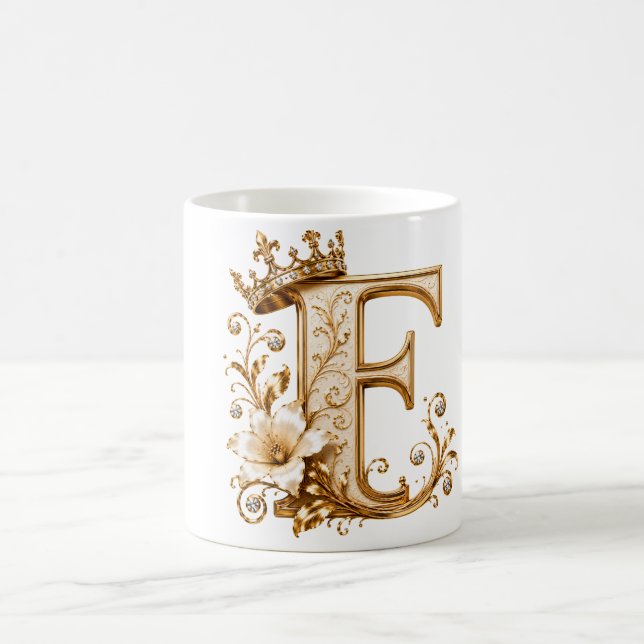 Caneca De Café Luxury Gold Letter F Monogram with Crown & Lily Fl (Centro)