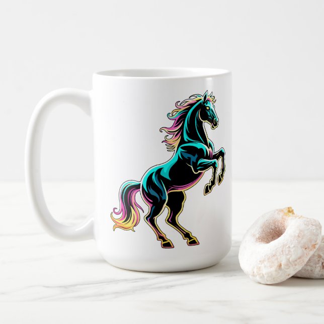 Caneca De Café Luz Neon de Cavalo Glitch Estilo Retro (Com Donut)