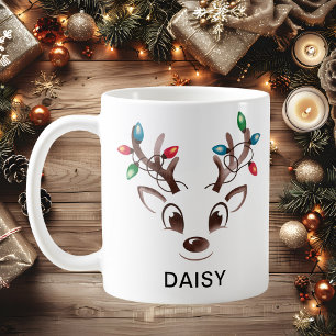 Caneca De Café Luzes de Rena em Cordão Aquarela Nome Personalizad