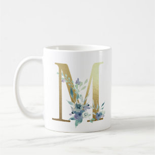 Caneca De Café M, inicial dourada com folhagem floral azul
