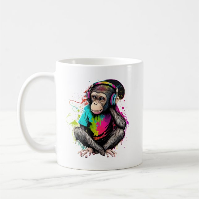 Caneca De Café Macaco Bonito Ouvindo Música, Macaco Com Música Ob (Esquerda)