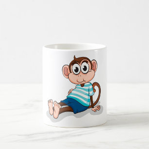 Caneca De Café Macaco Fofo de Camisa Listrada Azul e Shorts
