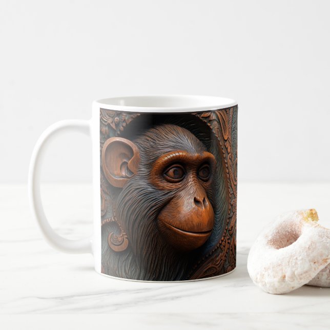 Caneca De Café Macaco Impresso, Ape Chimp, Com Vista De Couro Arr (Com Donut)