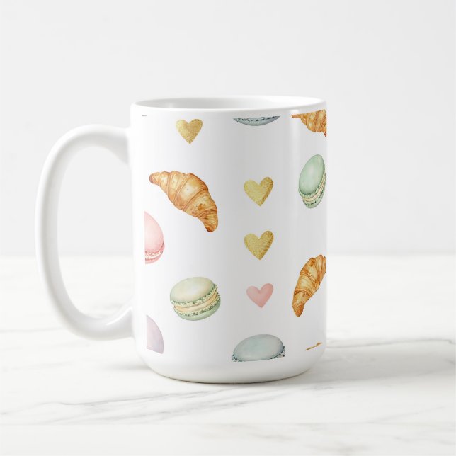 Caneca De Café Macarons e Croissants Pastéis Padrão Contínuo (Esquerda)