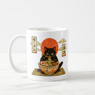 Caneca De Café Macarrão Ramen com Gato Preto de Xilogravura Japon