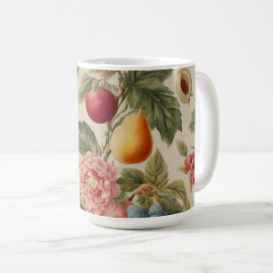 Caneca De Café Maçãs, Peras, Uvas, Flor Rosa. Francês Pintado