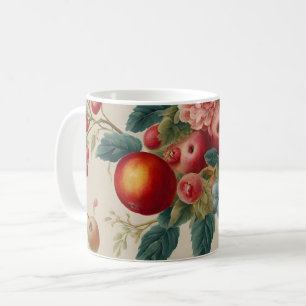 Caneca De Café Maçãs, Peras, Uvas, Flor Rosa. Francês Pintado
