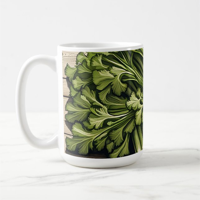 Caneca De Café Maço de Aipo Fresco sobre Madeira (Esquerda)