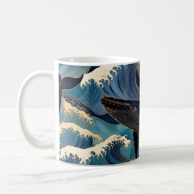 Caneca De Café Madagascar Ocean Whale - Blue & Gold Waves |  (Esquerda)