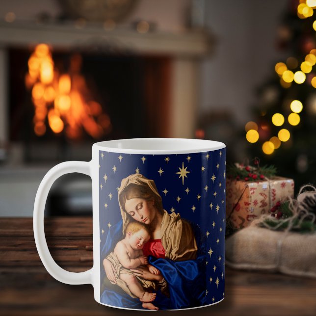 Caneca De Café Madonna e Crianças, padres de presentes de Natal,  (Navy blue and gold religious coffee cup with Madonna and Child. Great gift for Catholics.)