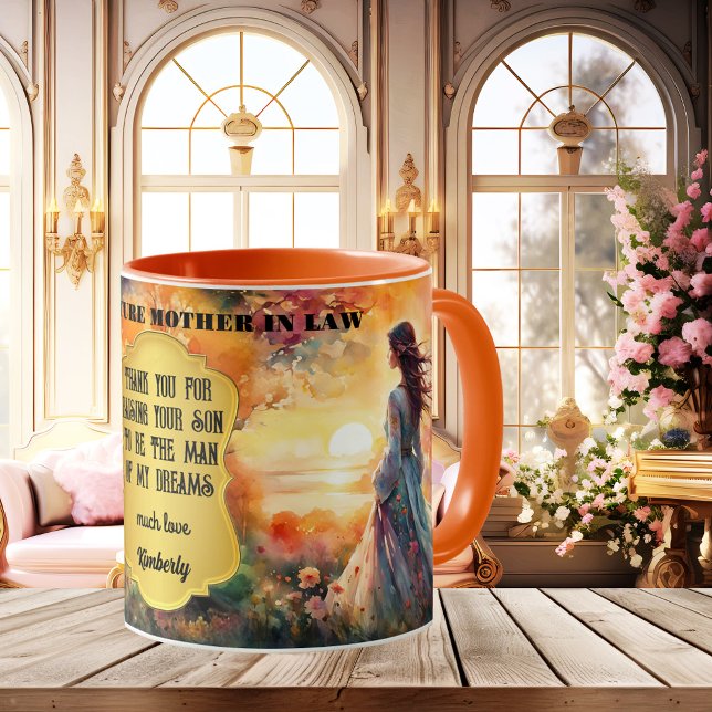 Caneca De Café Madre em Direito Obrigado Casamento (Mother-in-law Thank You wedding mug featuring a retro watercolor painting with a lady at sunset)
